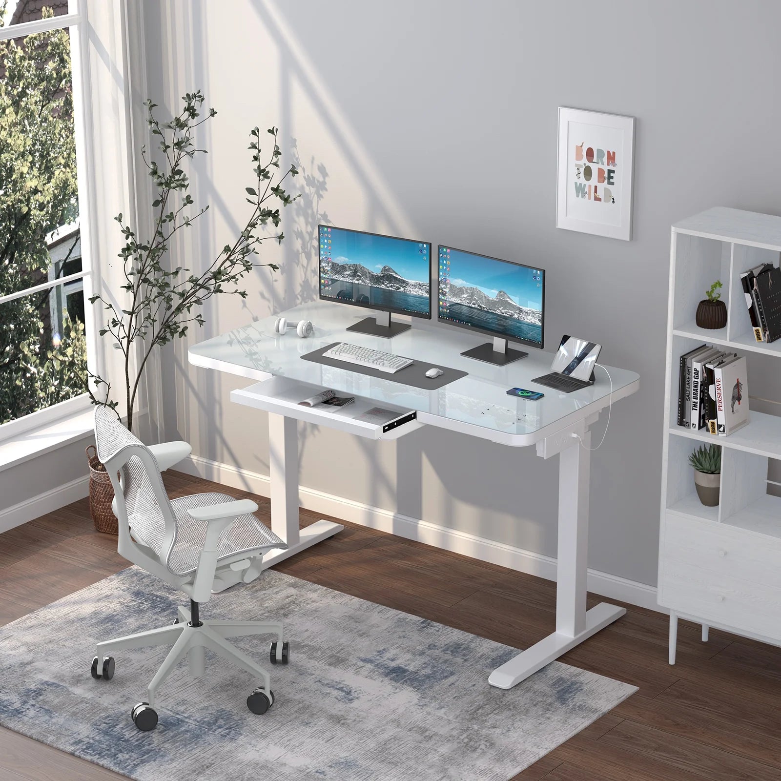 Electric Glass Standing Desk with Drawers, Dual Motor Height Adjustable, White J3363