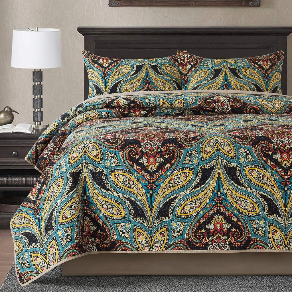 Cotton Bedspread Quilt Set, Reversible Patchwork Coverlet, Floral Pattern H52511