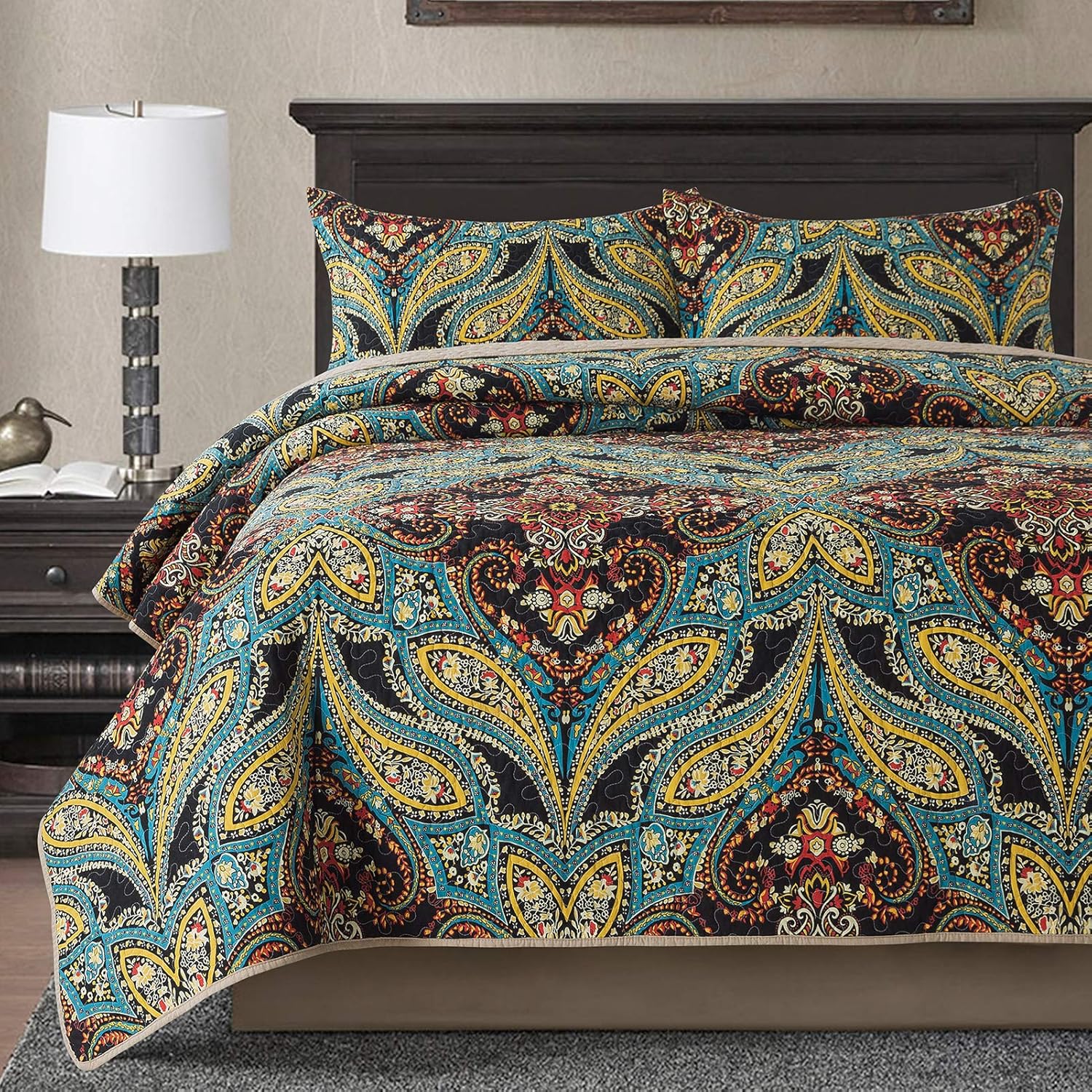 Cotton Bedspread Quilt Set, Reversible Patchwork Coverlet, Floral Pattern H52511