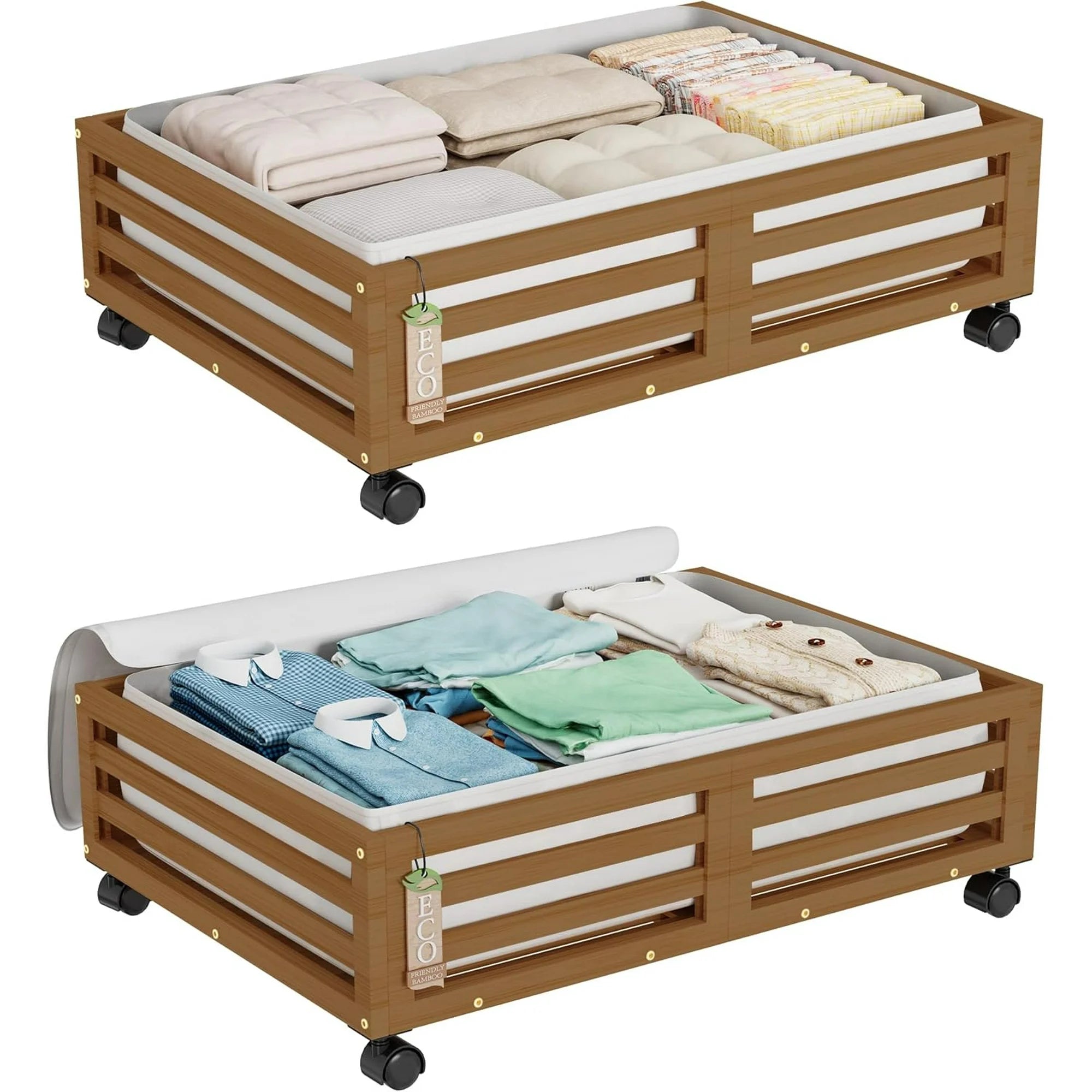 Bamboo Under Bed Storage Containers with Wheels and Dust Bag, 2 Pack W76743