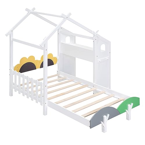 House-Shaped Twin Size Platform Bed with Windmill and Flower Decor G54063