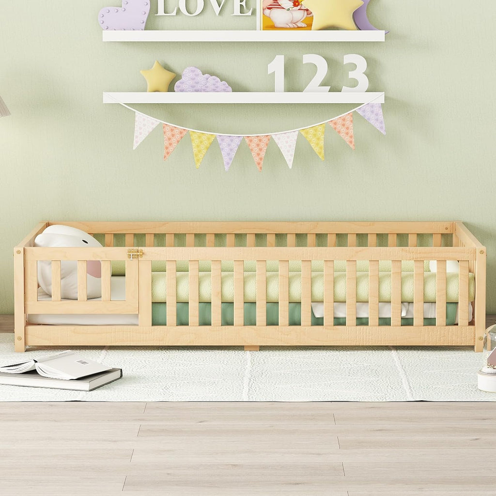 Twin Size Montessori Floor Bed with Door and Fence for Kids, Easy Assembly, Natural H441837