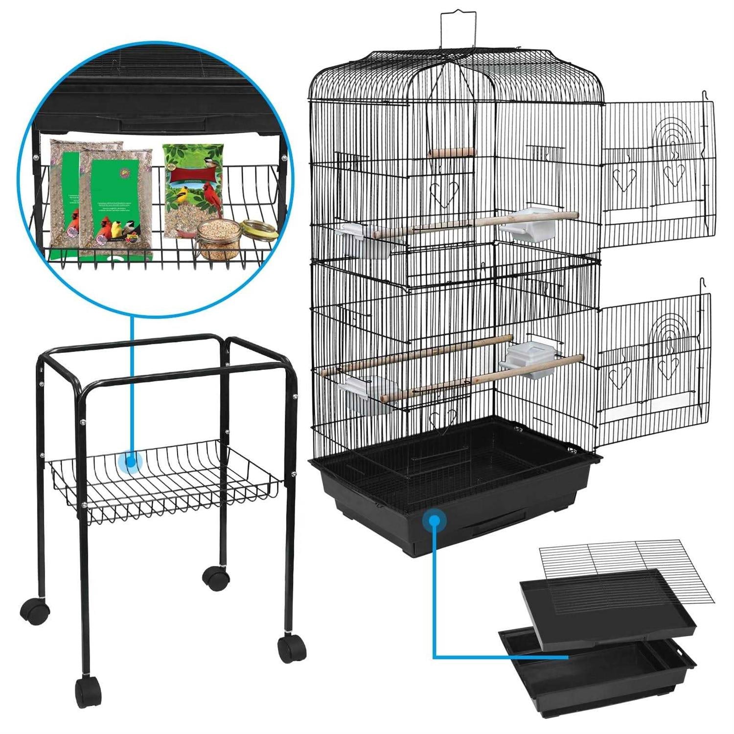 Large Wrought Iron Bird Cage with Rolling Stand for Parakeet C5765