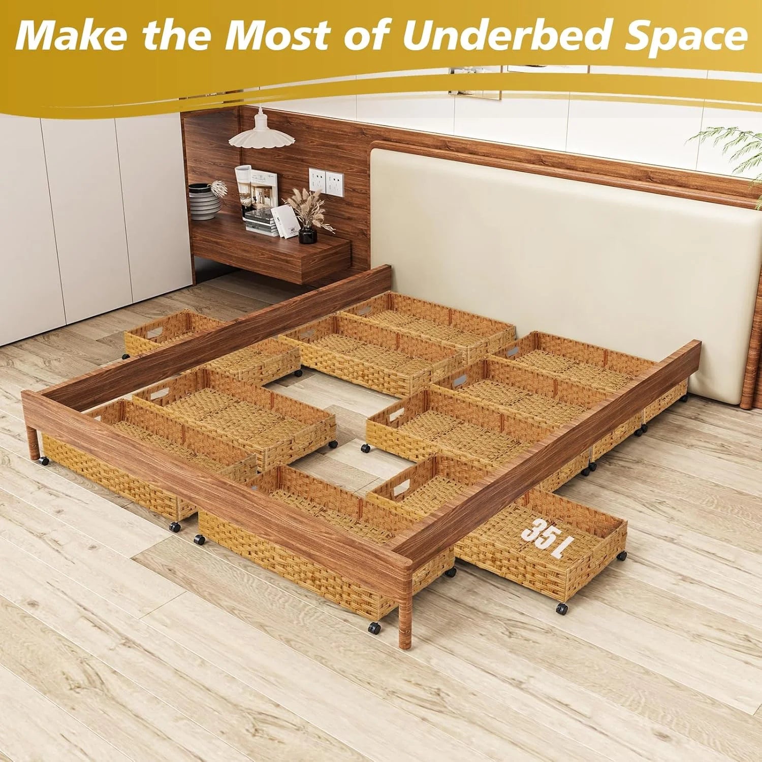 Under Bed Storage Containers with Wheels, 2 Pack, Rattan Organizer Drawer L9868