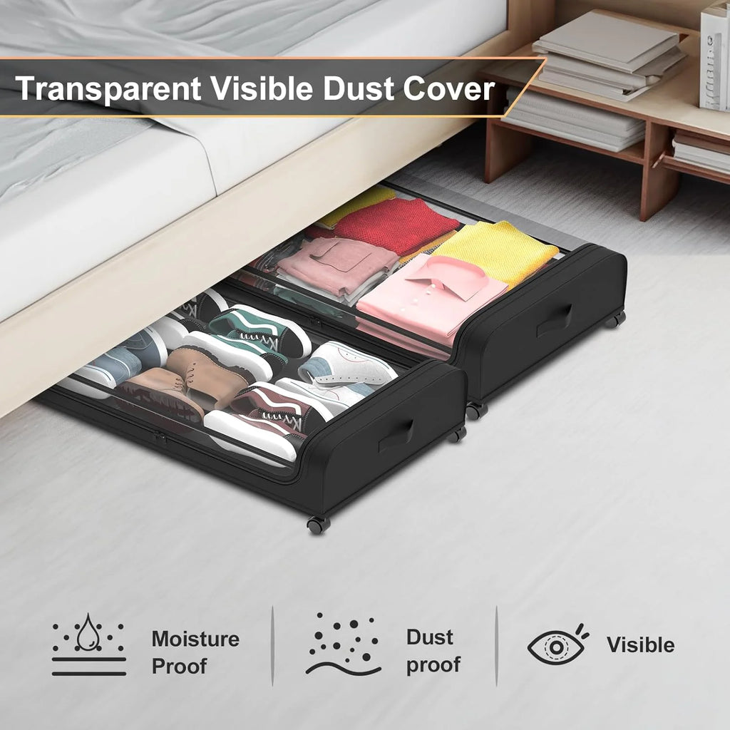 Under Bed Storage with Wheels 2 Pack, Large Rolling Containers with Lid B901
