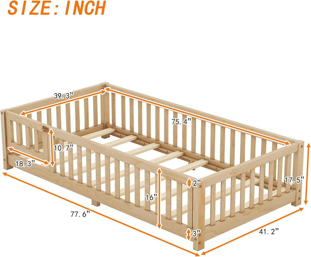 Twin Size Montessori Floor Bed with Door and Fence for Kids, Easy Assembly, Natural H441837