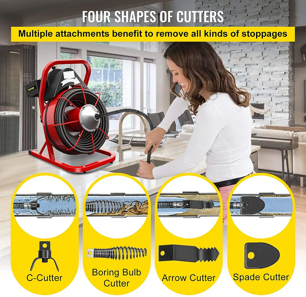 Drain Cleaner Machine 75ft, 370W for 1" to 4" Pipes V91831