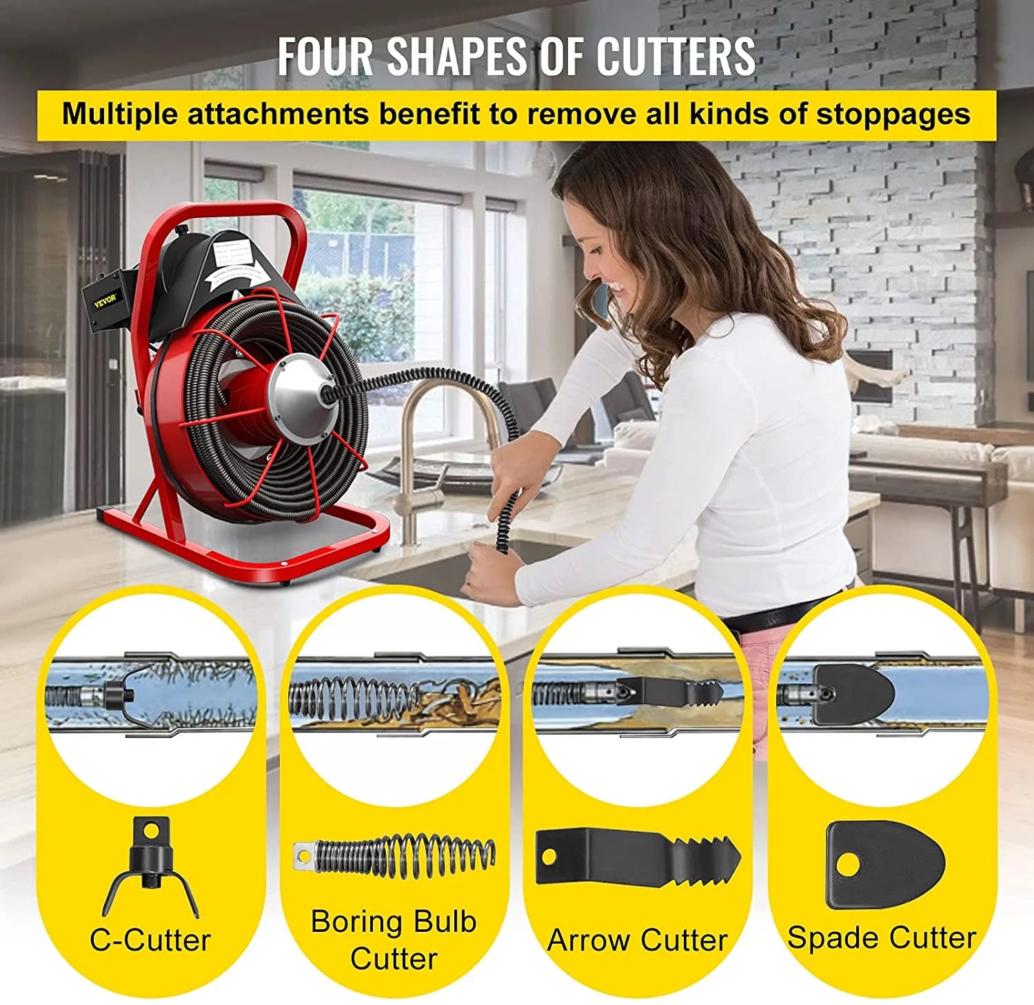 Drain Cleaner Machine 75ft, 370W for 1" to 4" Pipes V91831