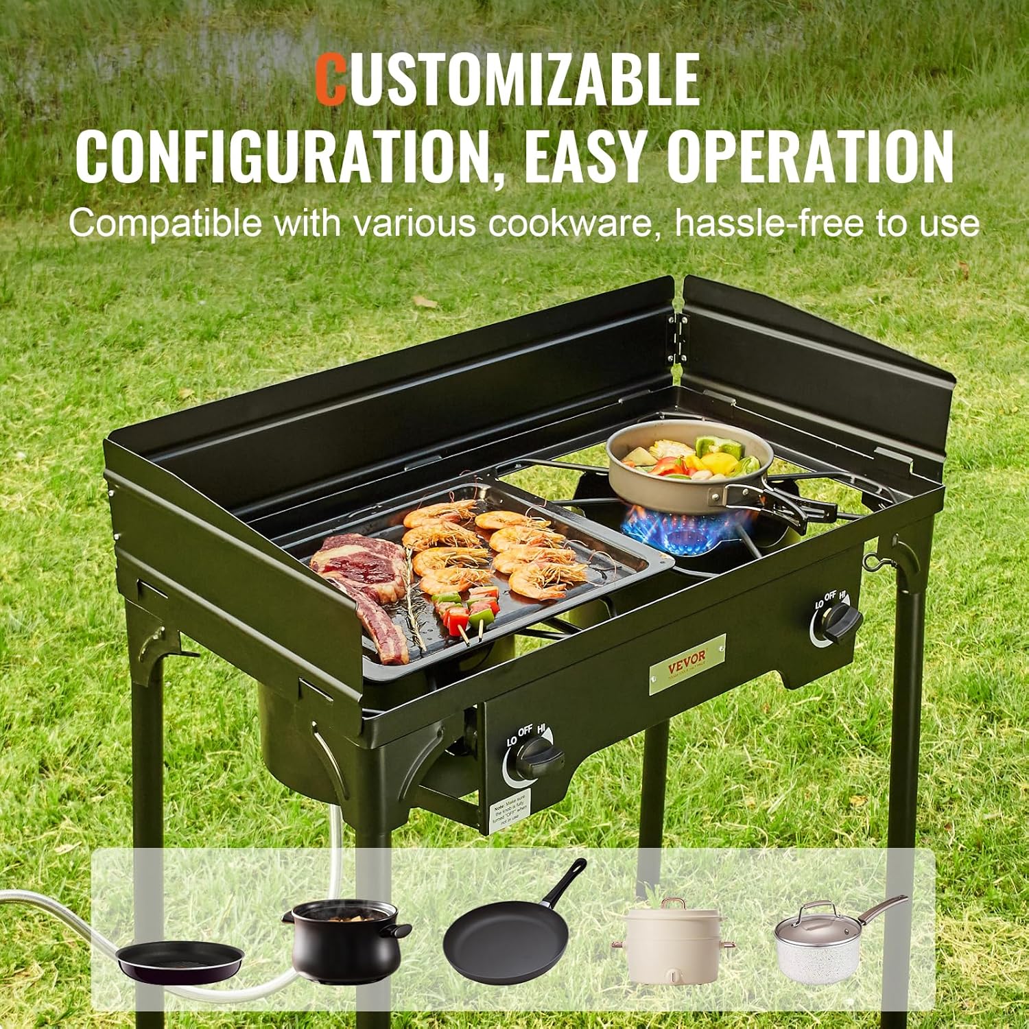 Outdoor Propane Burner, 2 Burner Stove with Windscreen, Heavy Duty Gas Cooker with Detachable Legs Stand S96726