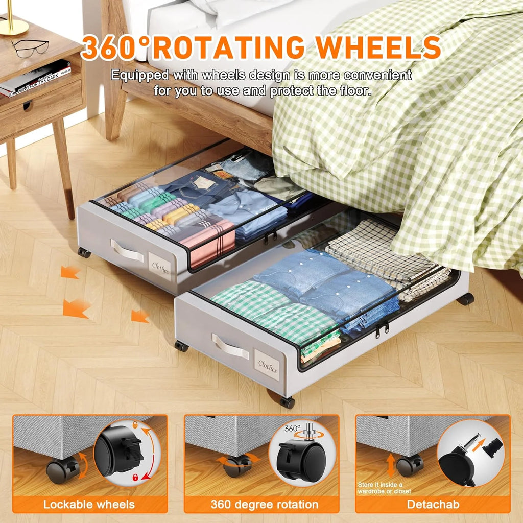 Under Bed Storage Containers with Wheels and Clear Lids, 60L, Gray E520558