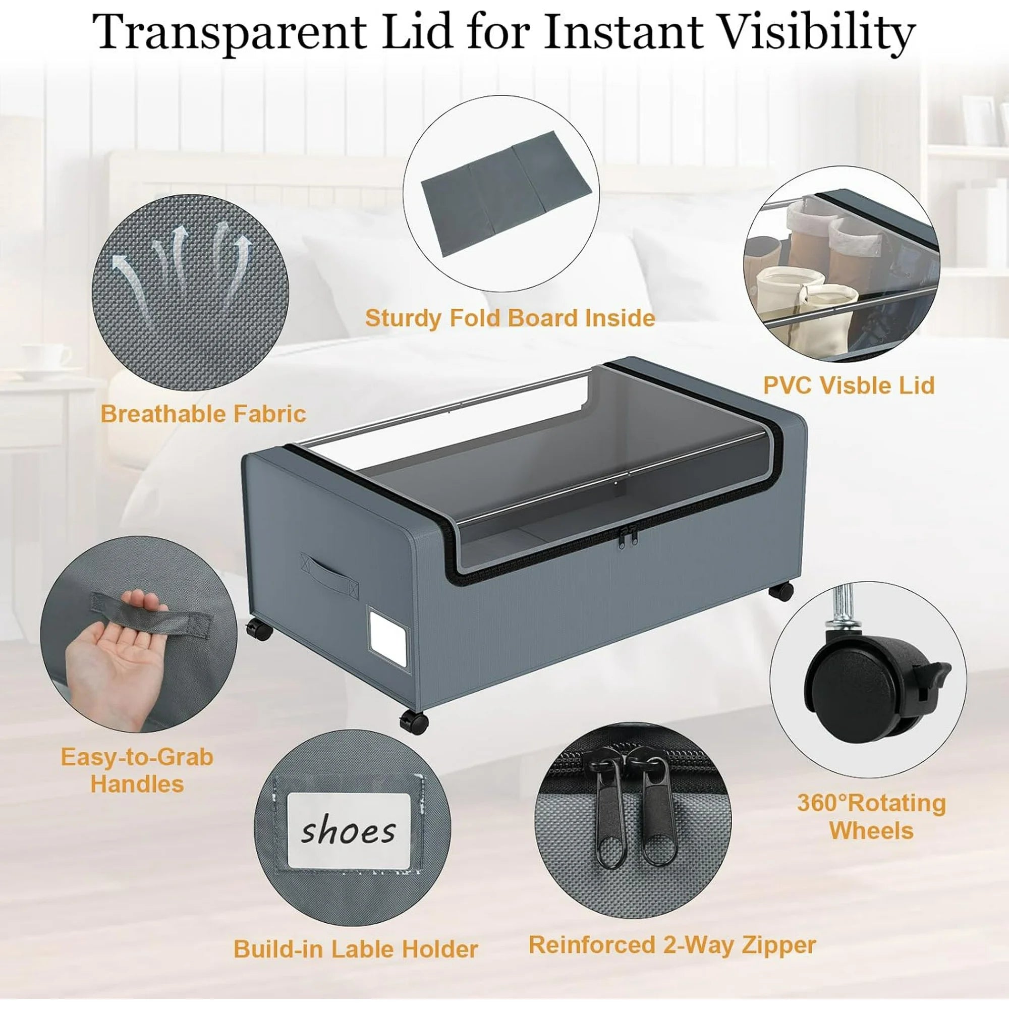 Under Bed Storage Bins with Clear Lid and Wheels, 2 Pack M761