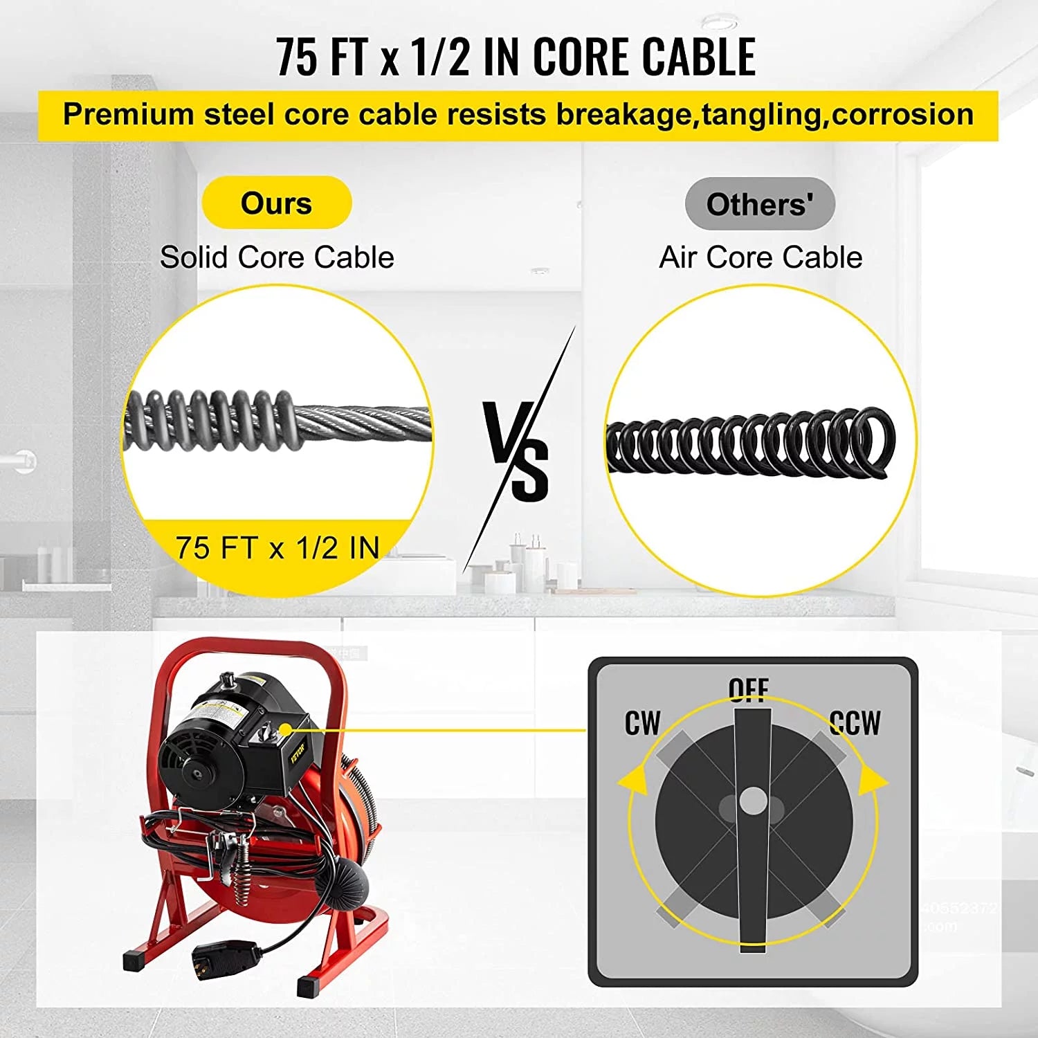 Drain Cleaner Machine 75ft, 370W for 1" to 4" Pipes V91831