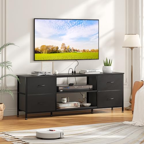 TV Stand with 4 Fabric Drawers and Open Shelves for 50" TV, Black Wood Veins I88170