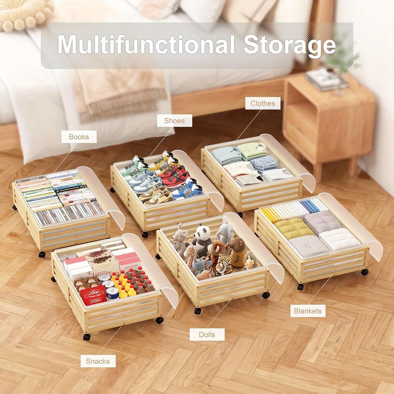 Bamboo Under-Bed Storage Bins with Wheels, 2-Pack E3624