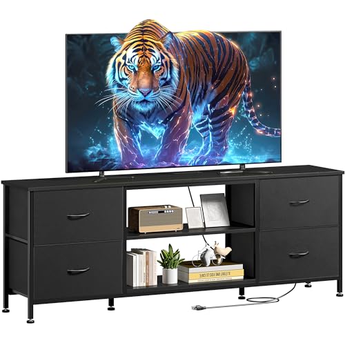 TV Stand with 4 Fabric Drawers and Open Shelves for 50" TV, Black Wood Veins I88170