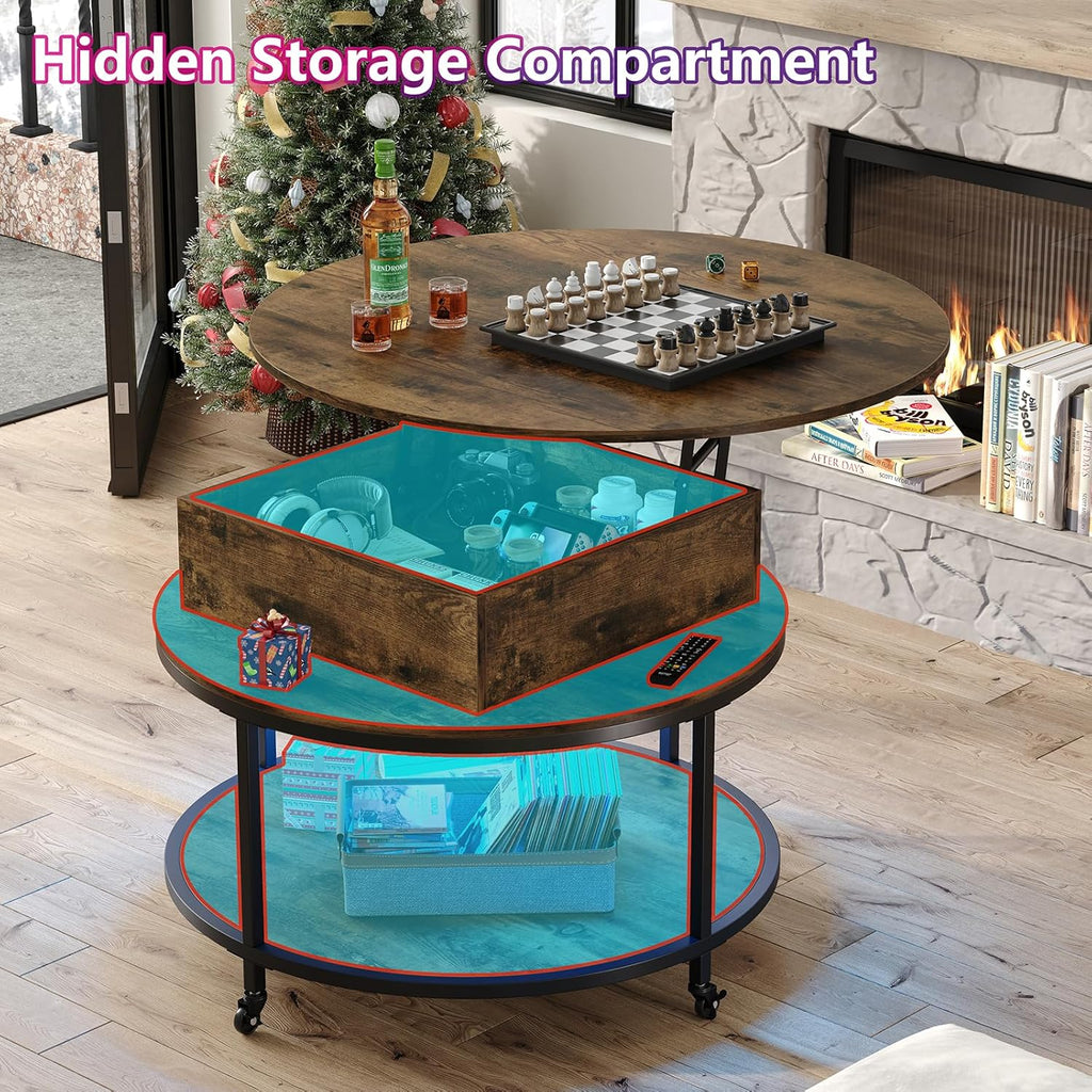Round Lift Top Coffee Table with 2-Tier Storage and Wheels R2701