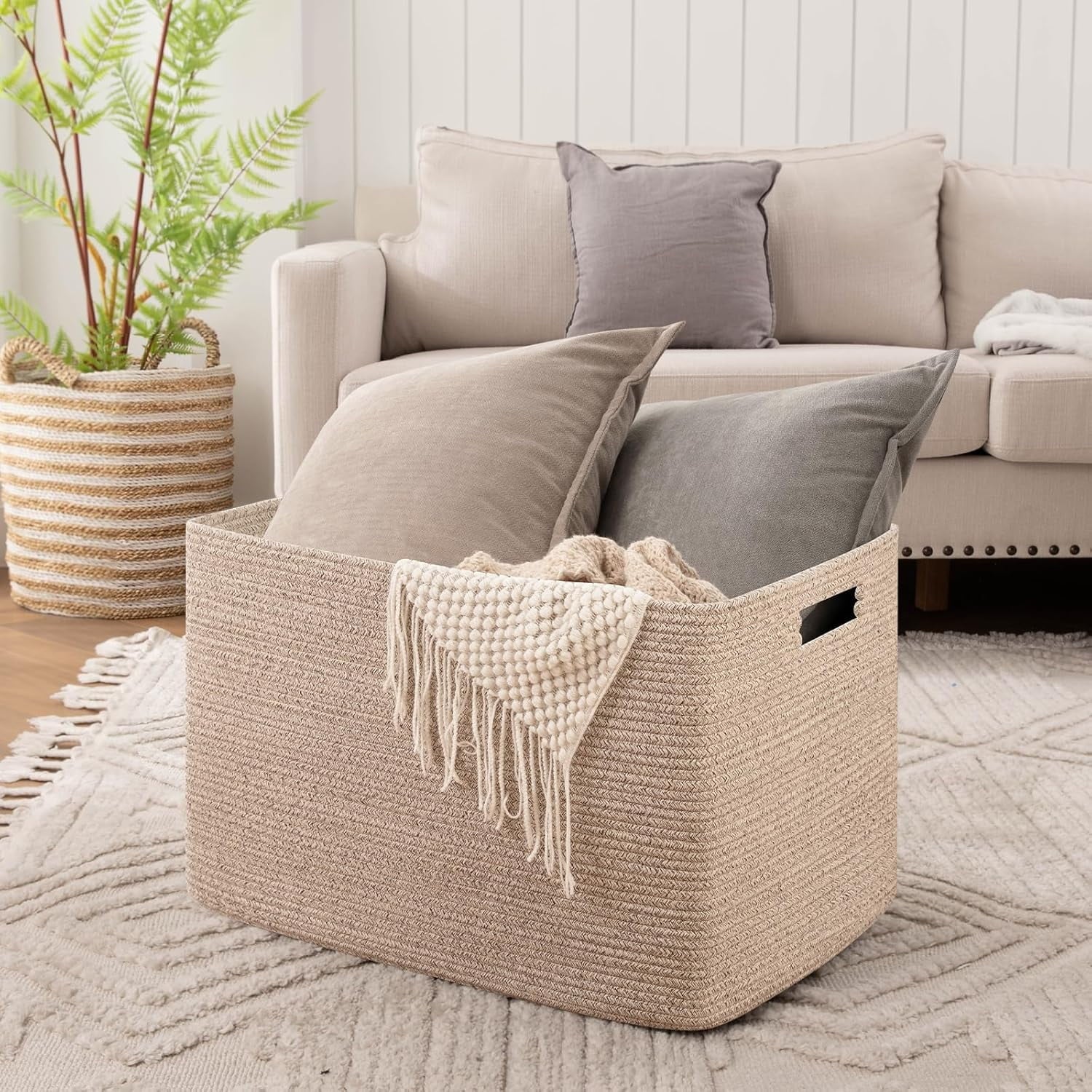 Cotton Rope Storage Basket, Oversized Blanket Basket, 25 x 17 x 16 Inches, White F73525