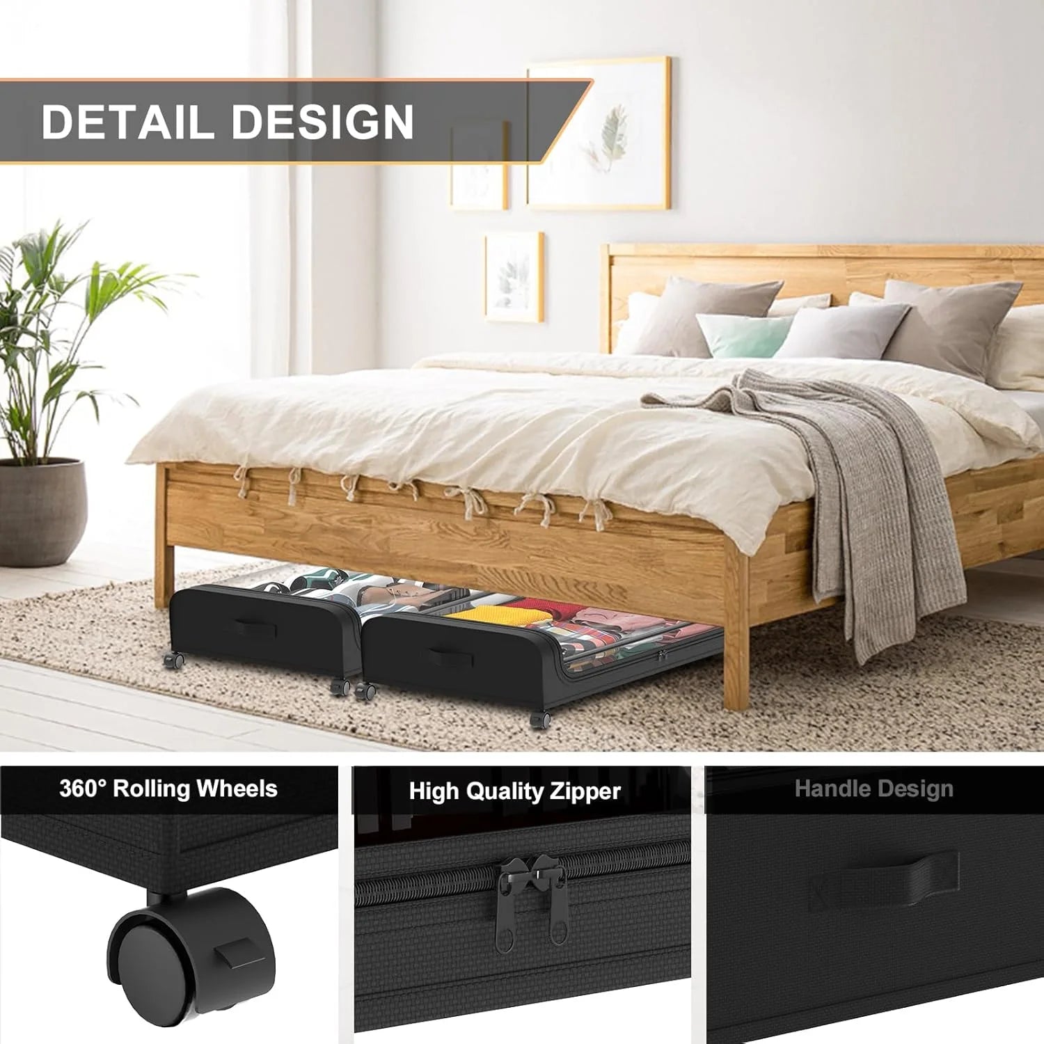 Under Bed Storage with Wheels 2 Pack, Large Rolling Containers with Lid B901