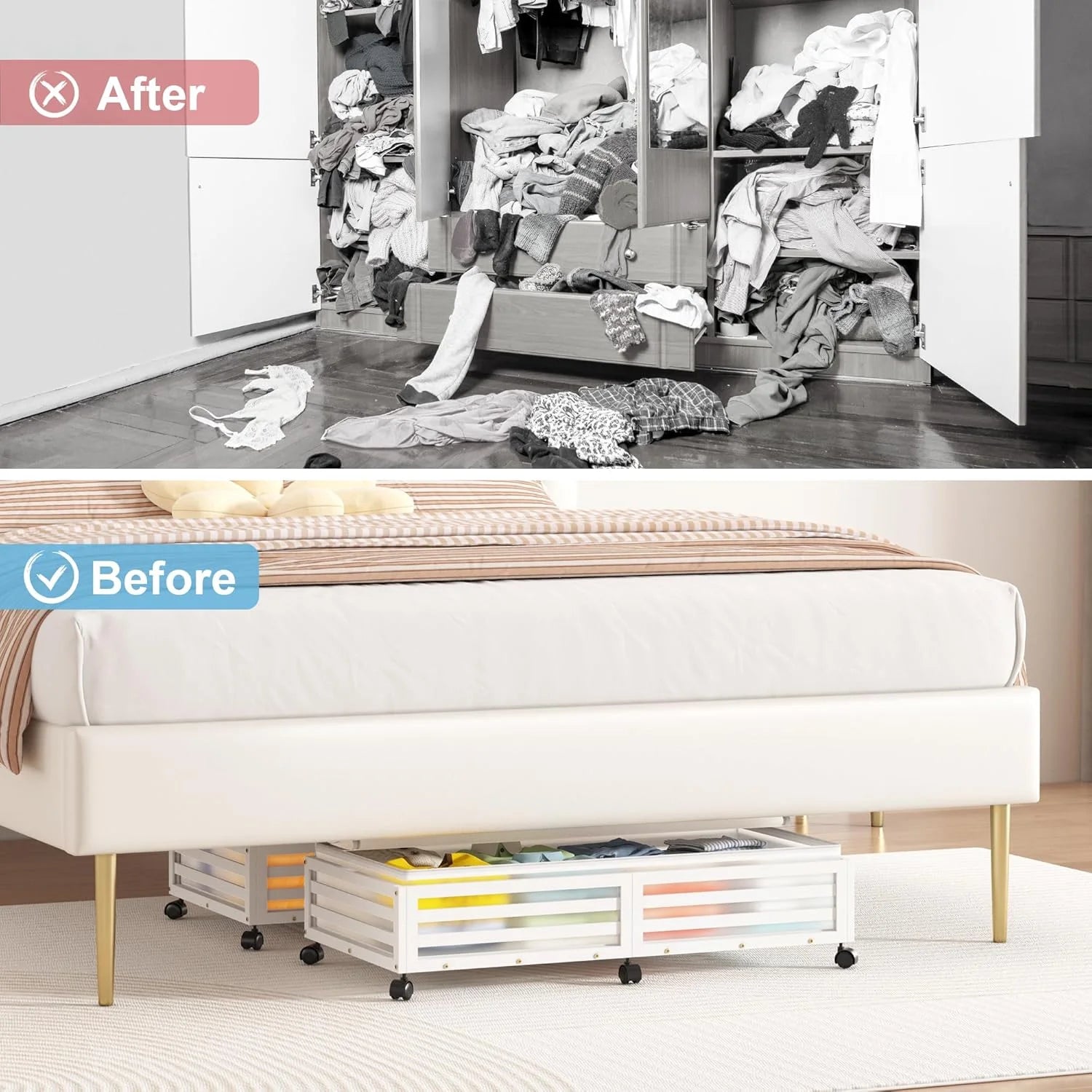Under Bed Storage Containers with Wheels, Bamboo Wood Rolling Bins with Dust Bags I742087