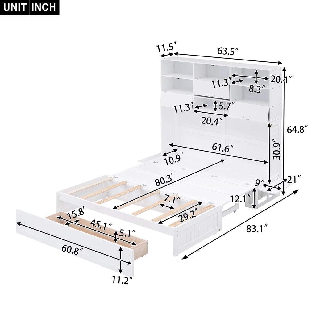 Queen Size Murphy Bed with Bookcase and Drawer, White P7712