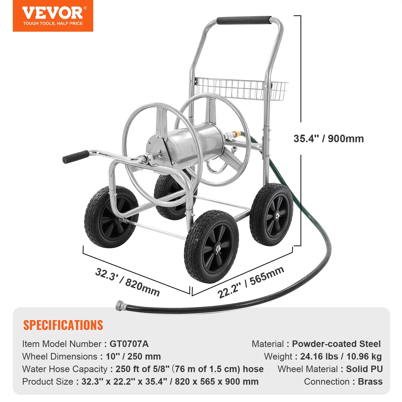 Hose Reel Cart with Wheels, Metal, Holds 250 ft of 5/8" Hose E917384