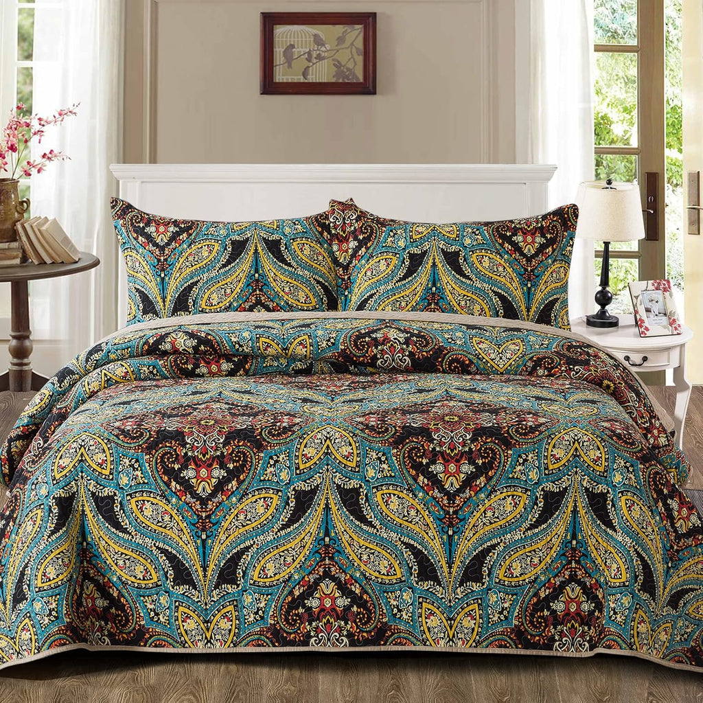 NEWLAKE Cotton Bedspread Quilt Sets-Reversible Patchwork Coverlet Set, European Rouge Floral Pattern, Bundle