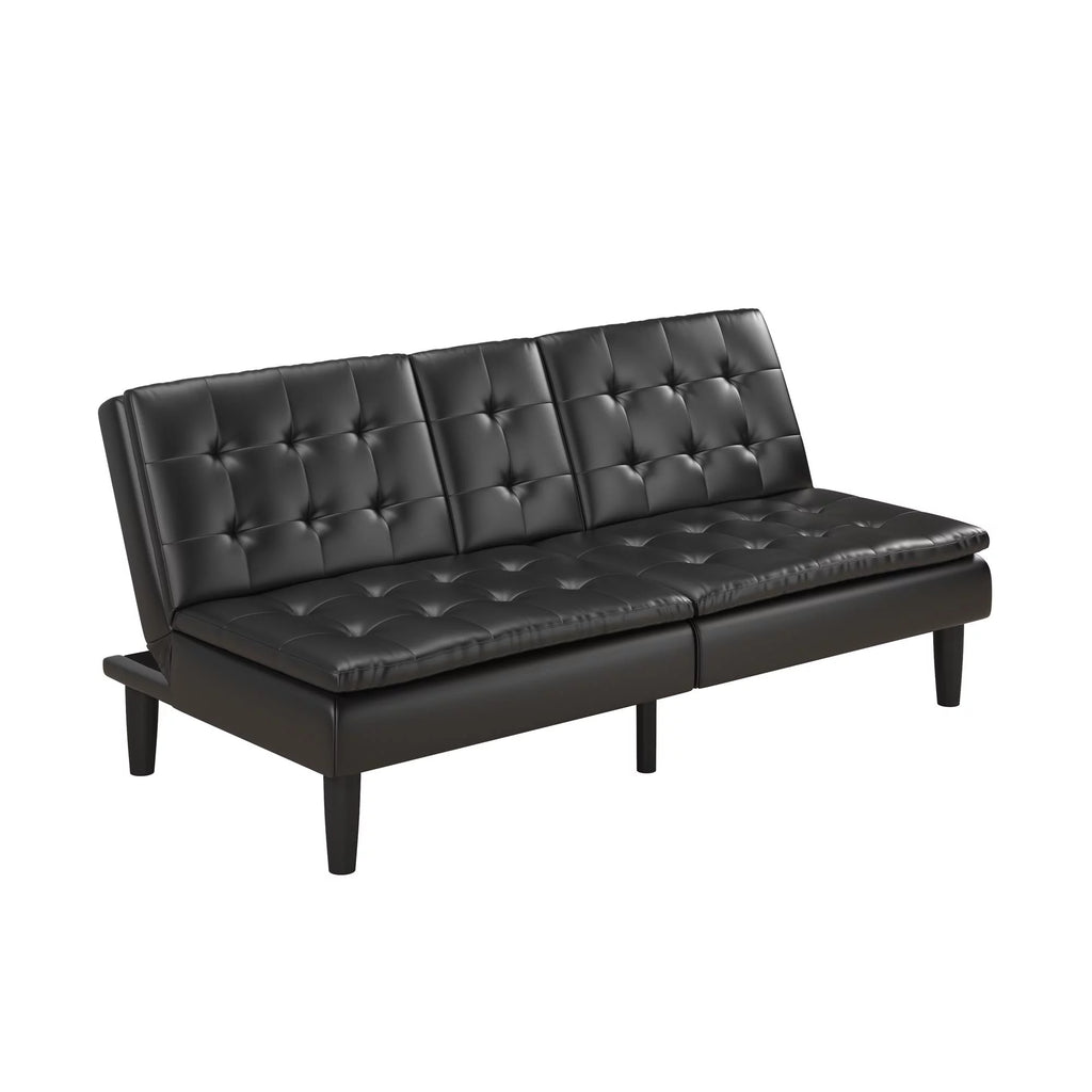 Memory Foam Futon with Cupholder and USB, Black Faux Leather Y2494