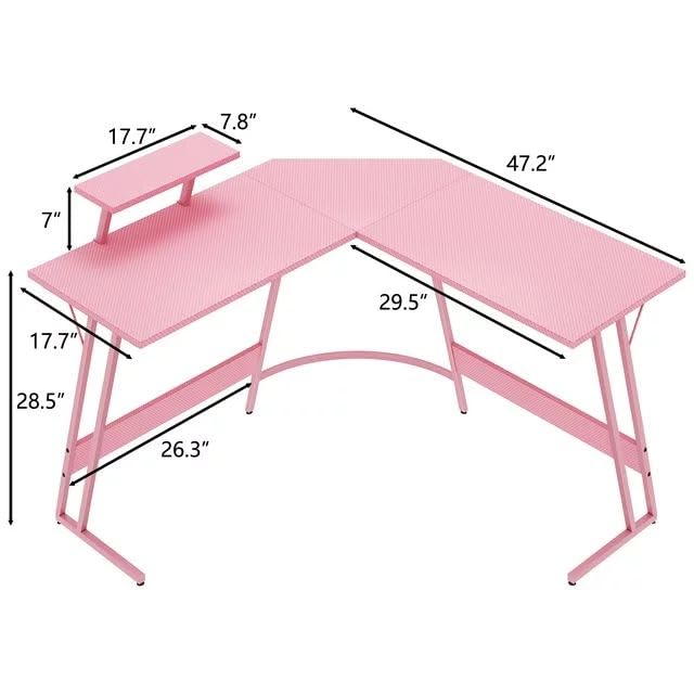 Pink L-Shaped Gaming Desk with Monitor Stand, 47 Inch Corner Computer Table H490