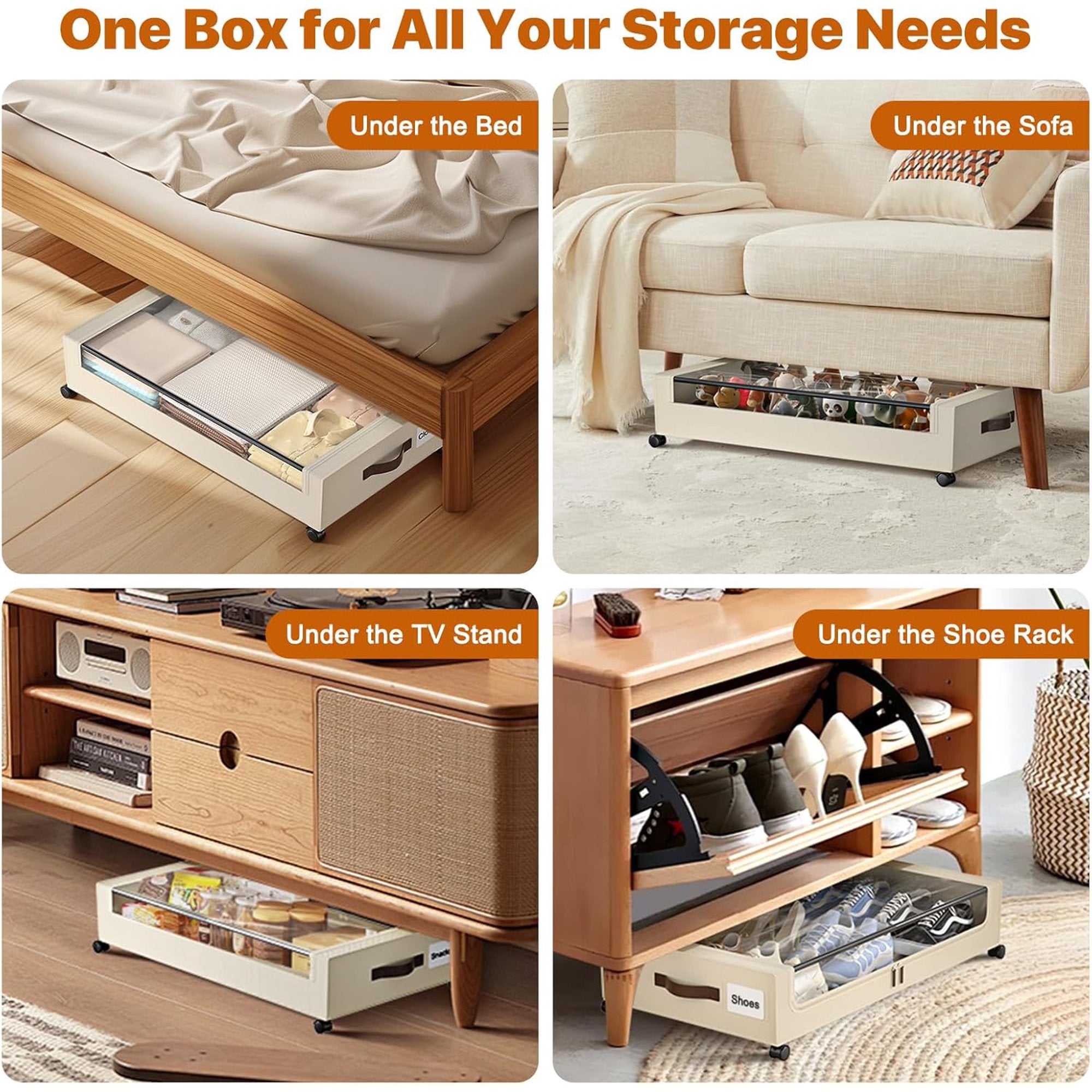 Under Bed Storage Containers with Wheels, 4 Pack, XXL 60L, Clear Lids W6827
