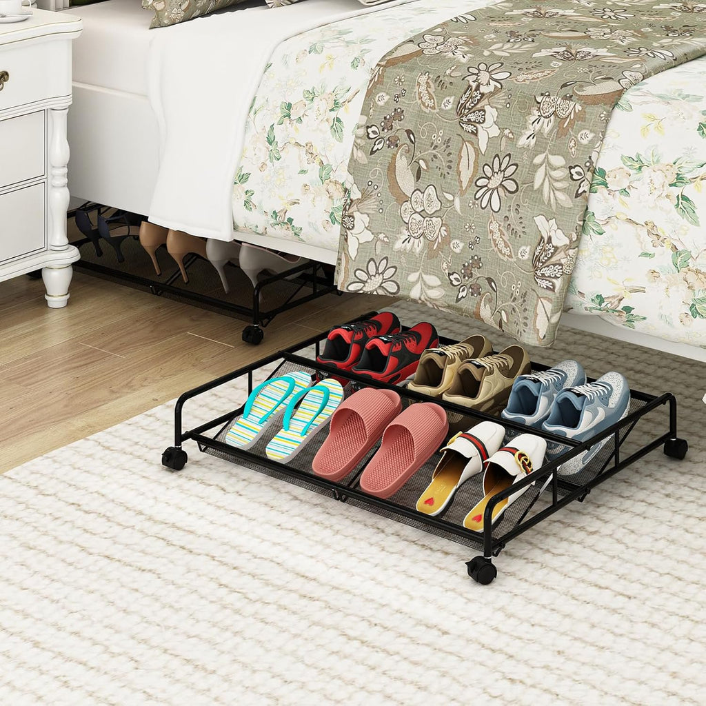 Under Bed Shoe Storage Organizer, 2 Pack Metal Mesh with Wheels Z2544