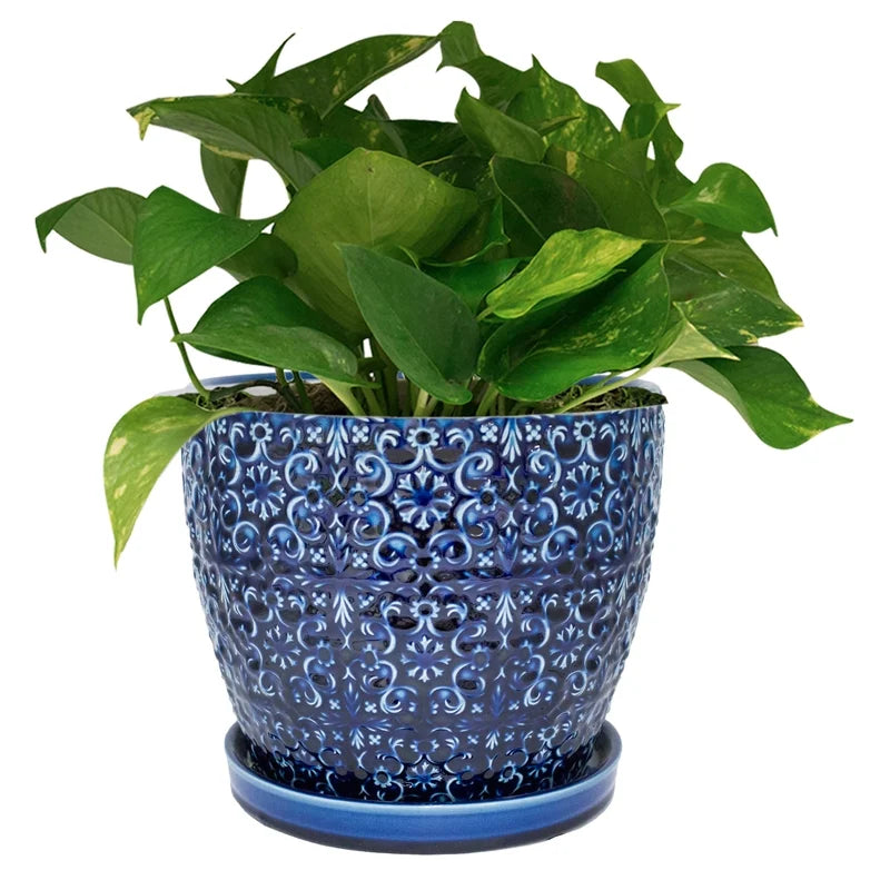 Blue Ceramic Planter 10 Inch Round C553582