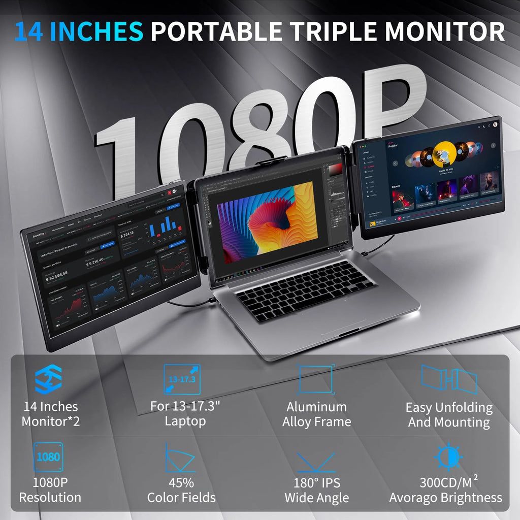 Portable 14 Inch Triple IPS FHD Laptop Screen Extender Monitor F957