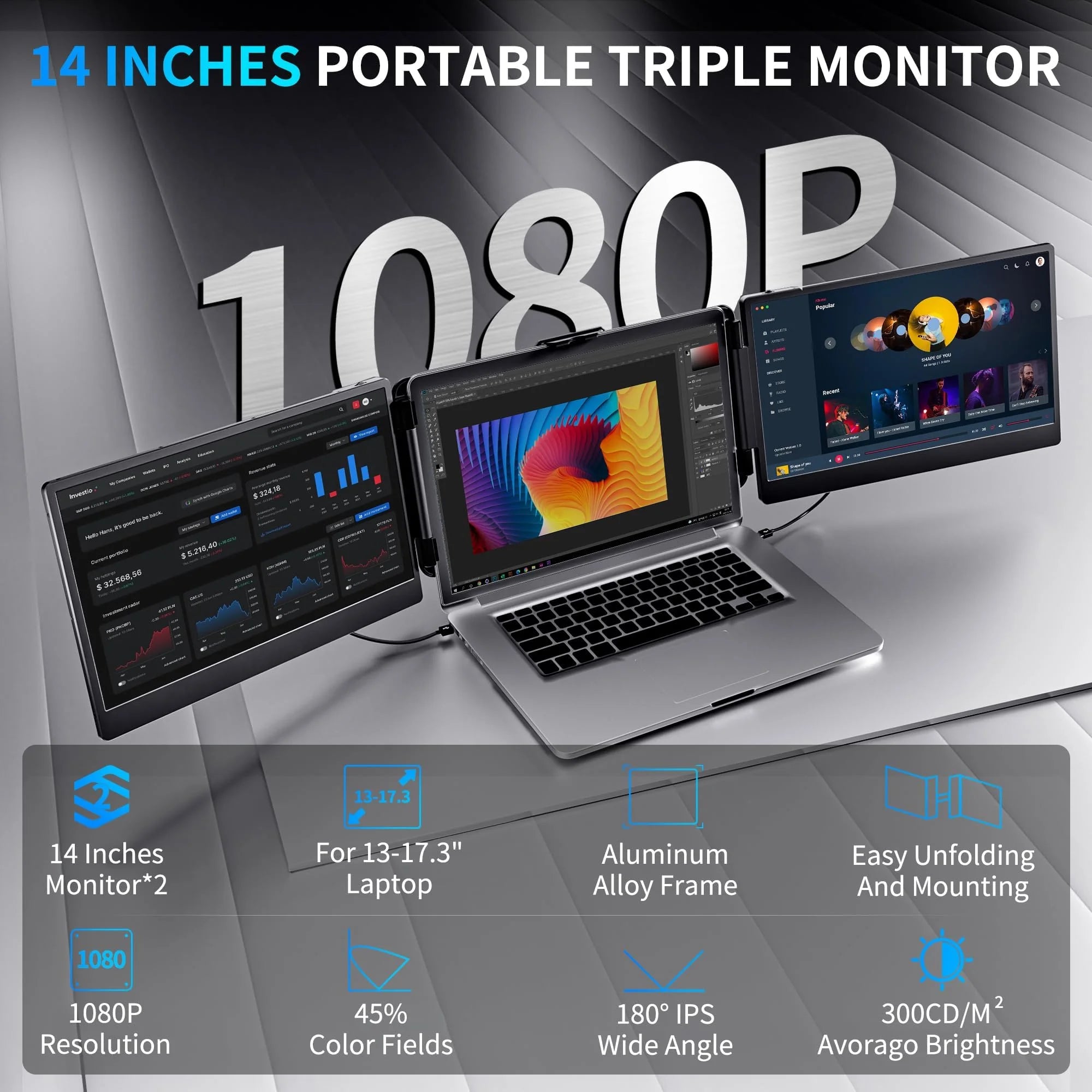 Portable 14 Inch Triple IPS FHD Laptop Screen Extender Monitor F957