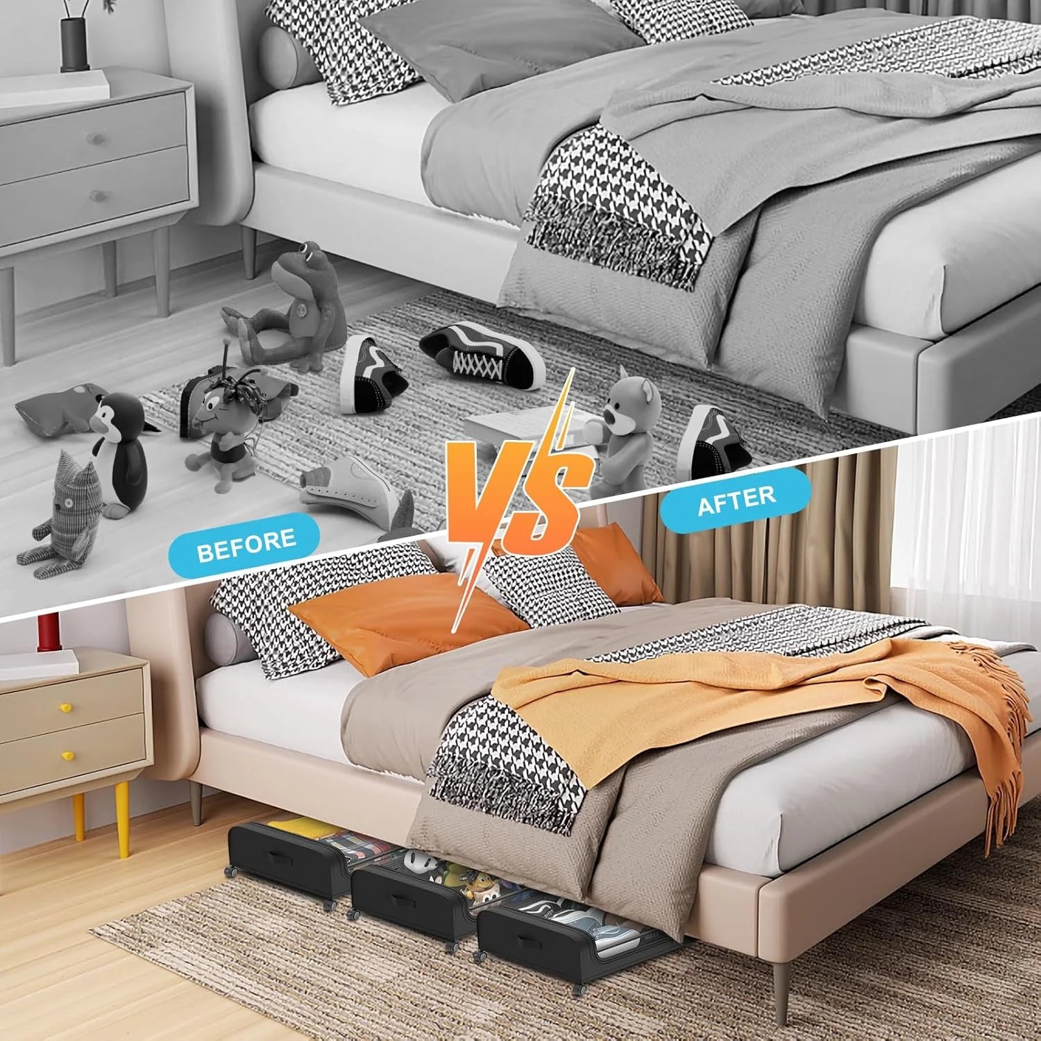 Under Bed Storage with Wheels 2 Pack, Large Rolling Containers with Lid B901