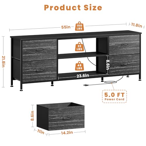 TV Stand with 4 Fabric Drawers and Open Shelves for 50" TV, Black Wood Veins I88170