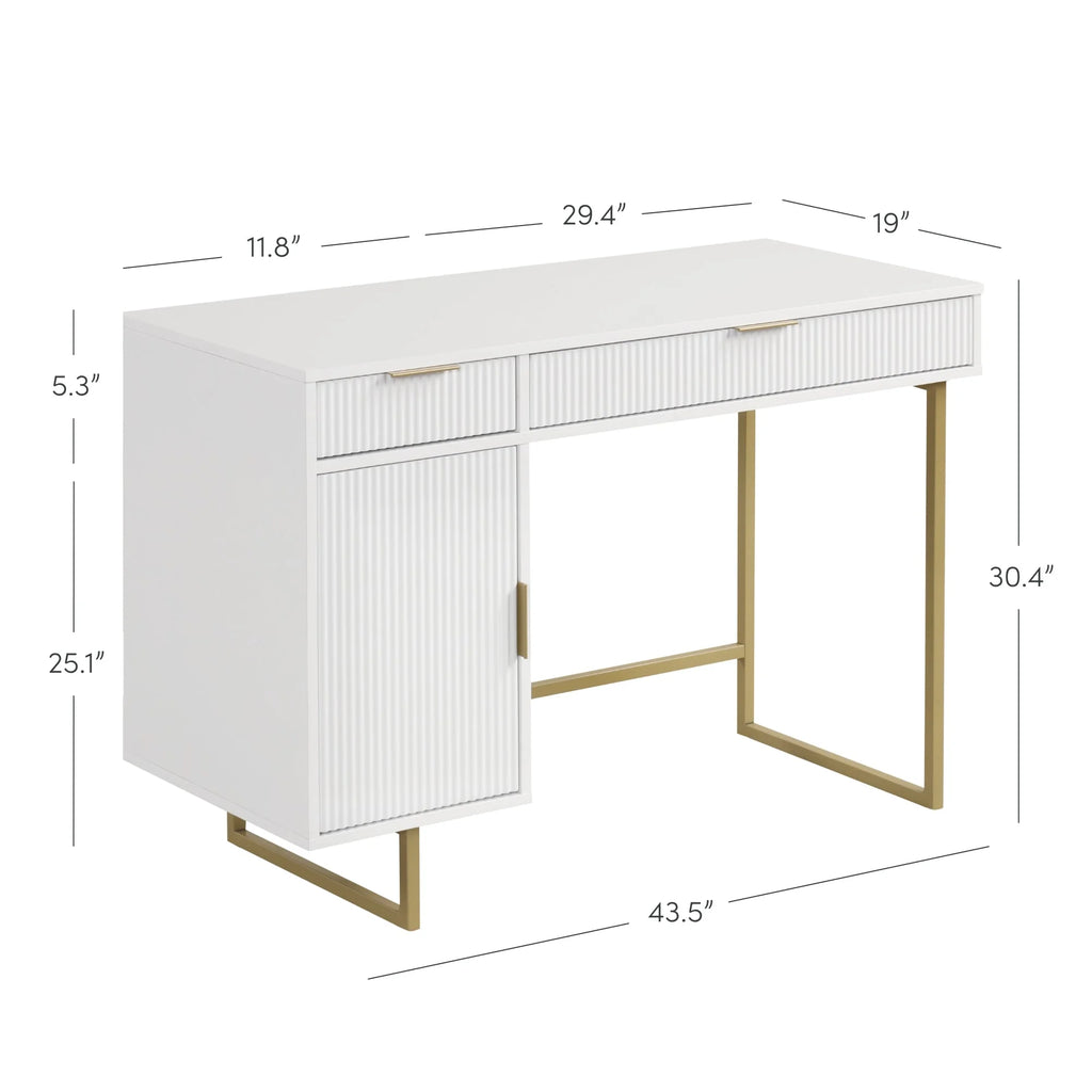 Modern White Computer Desk with Drawers and Cabinet Storage S895550