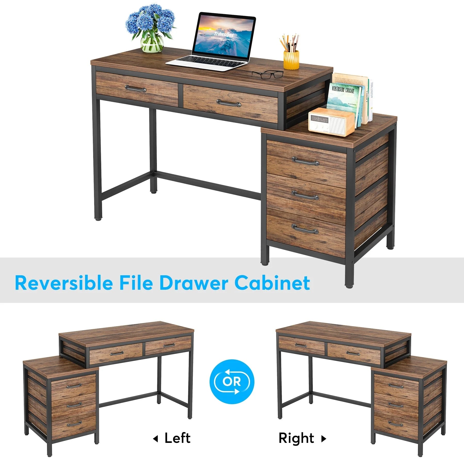 Reversible Computer Desk with 5 Drawers and File Cabinet T924345