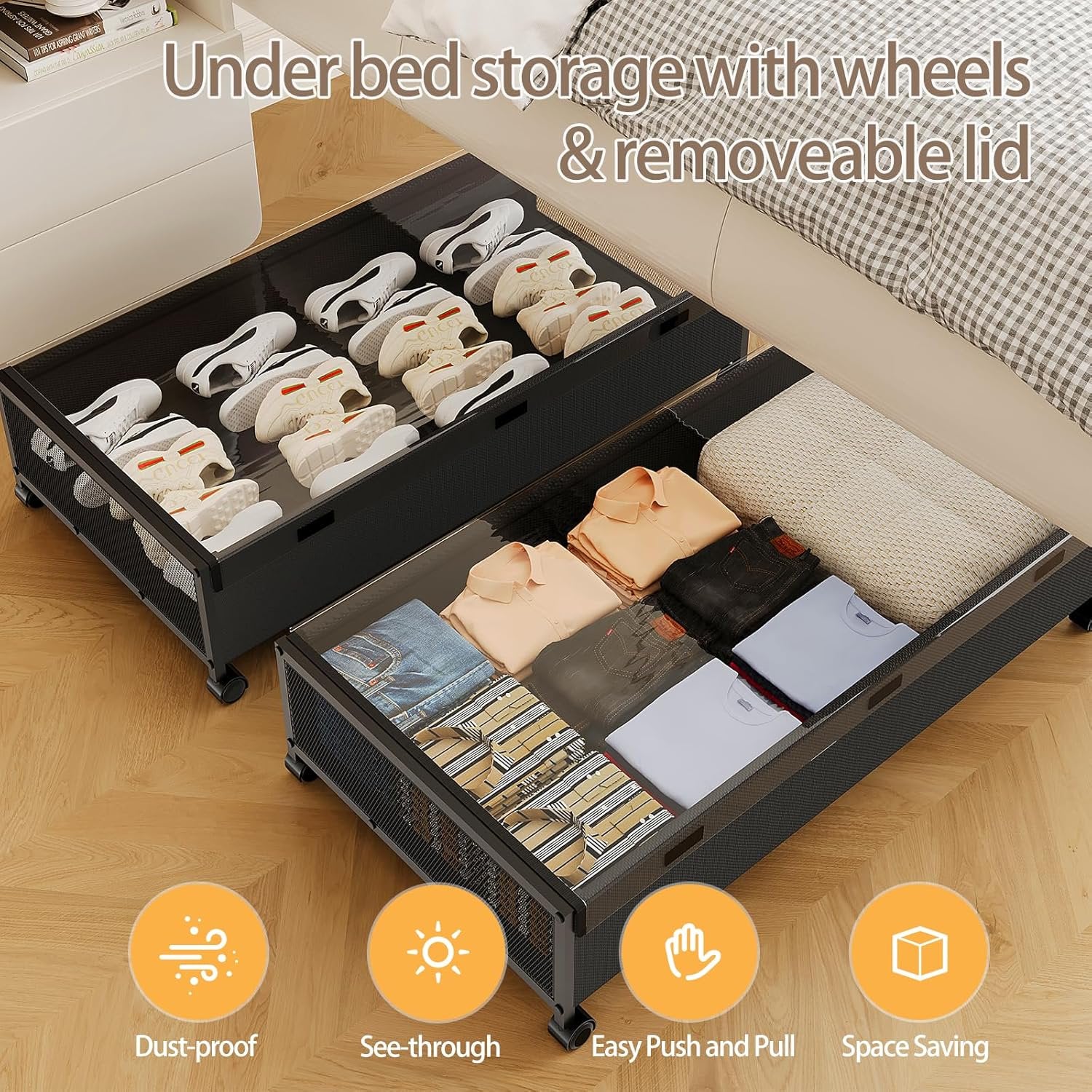 Under Bed Storage with Wheels, 2 Pack Rolling Metal Drawer for Clothes M92727