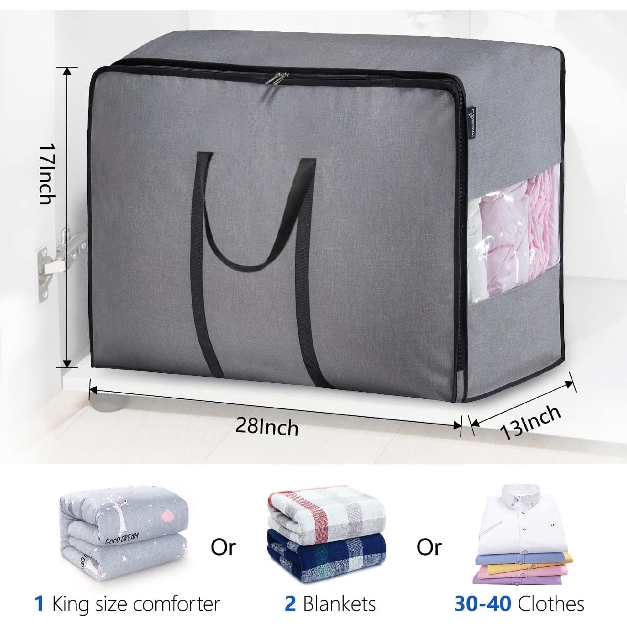 Storage Bag for Bedding, Blankets and Clothes, Foldable Organizer, Grey T5005