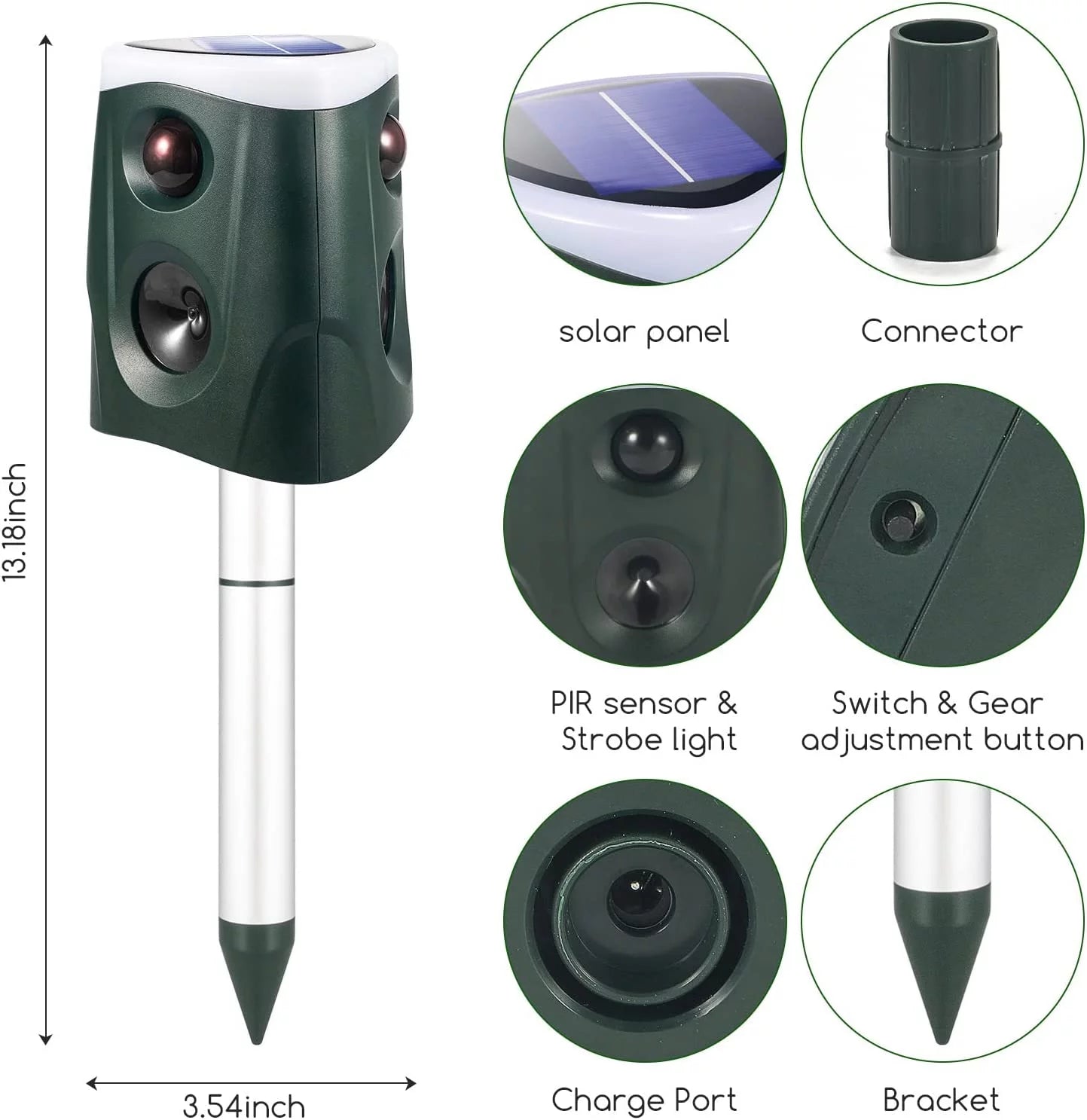 Ultrasonic Animal Repeller Outdoor Waterproof with PIR Sensor and Strobe Light D732837