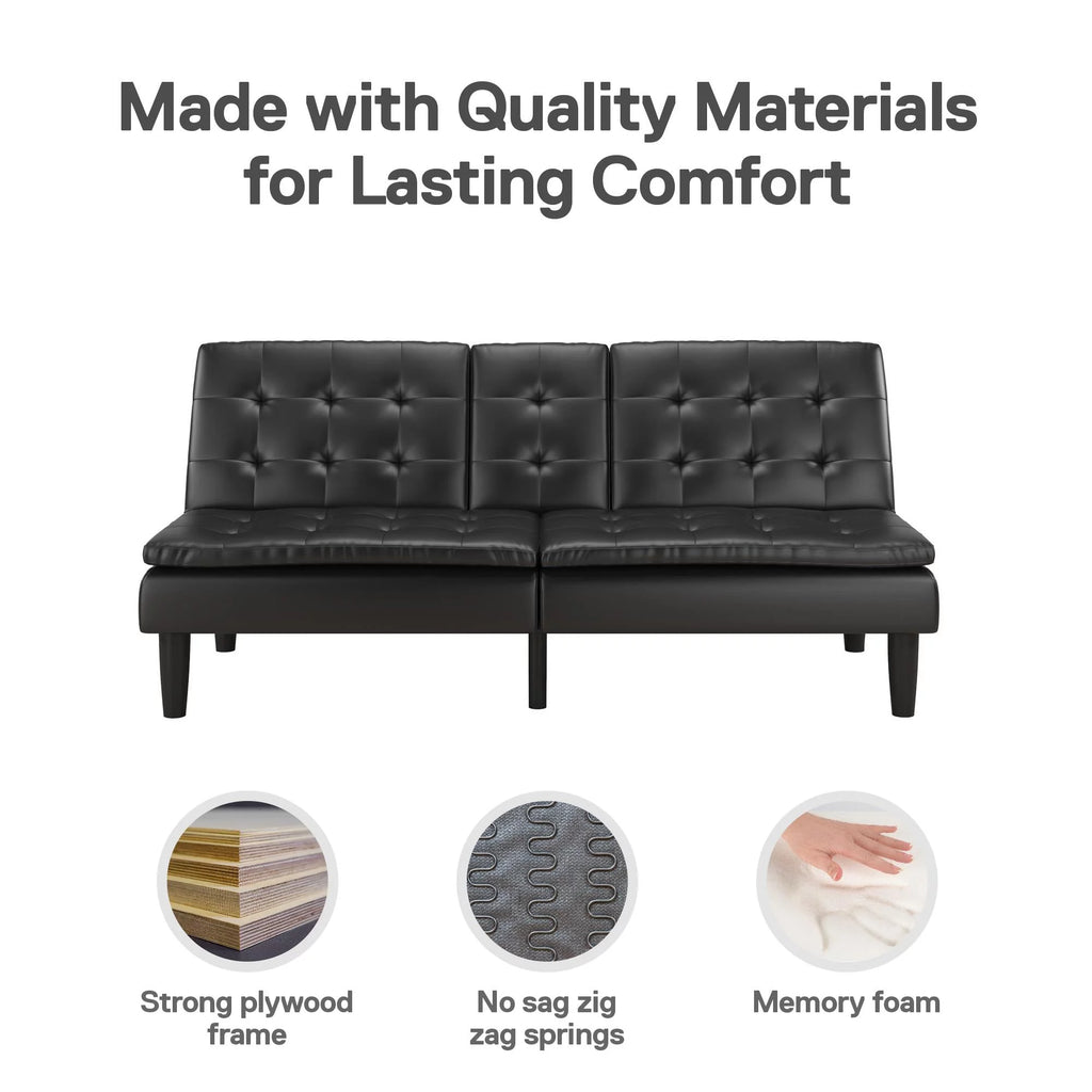 Memory Foam Futon with Cupholder and USB, Black Faux Leather Y2494