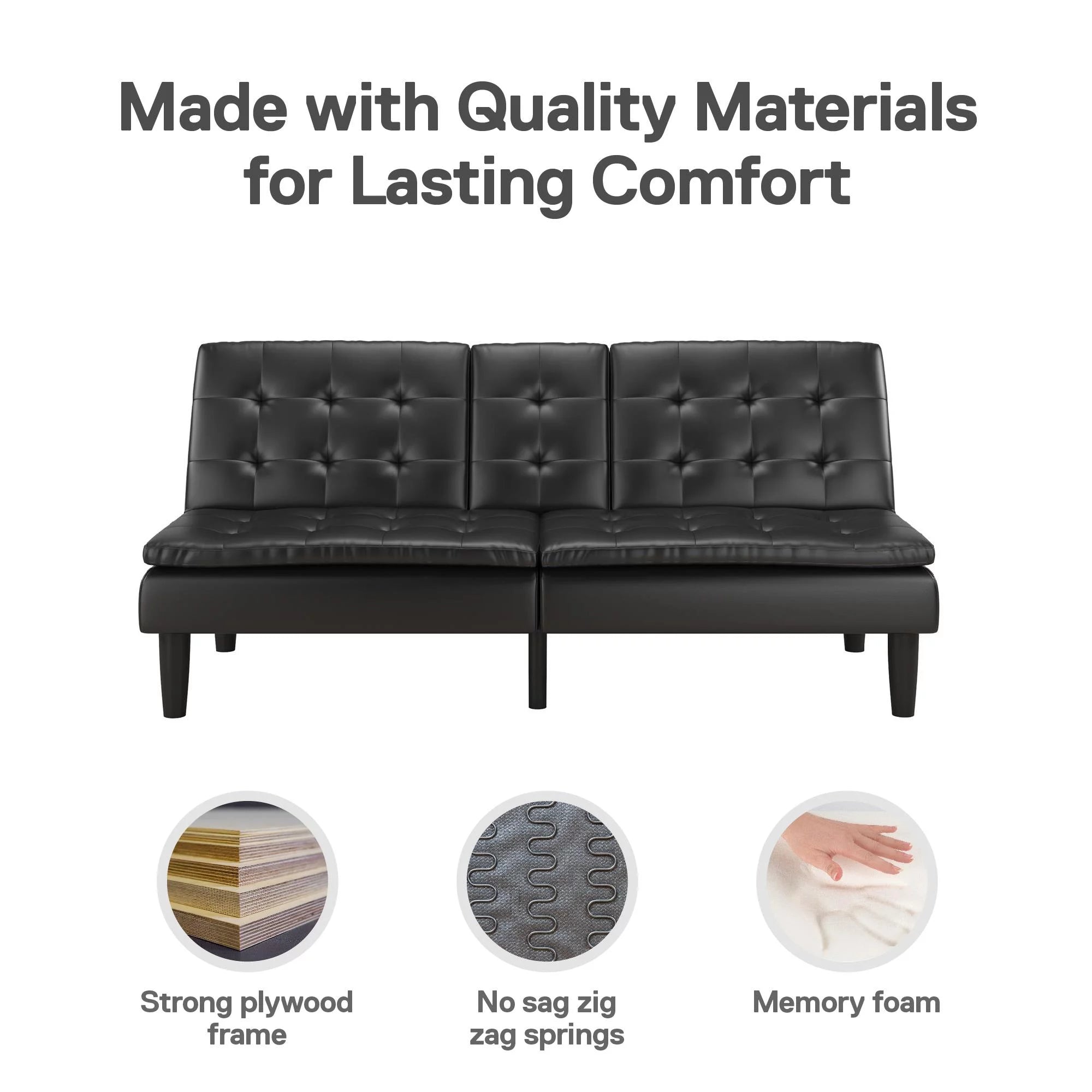 Memory Foam Futon with Cupholder and USB, Black Faux Leather Y2494