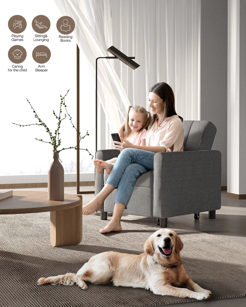 Convertible Chair Single Bed, Grey M8150