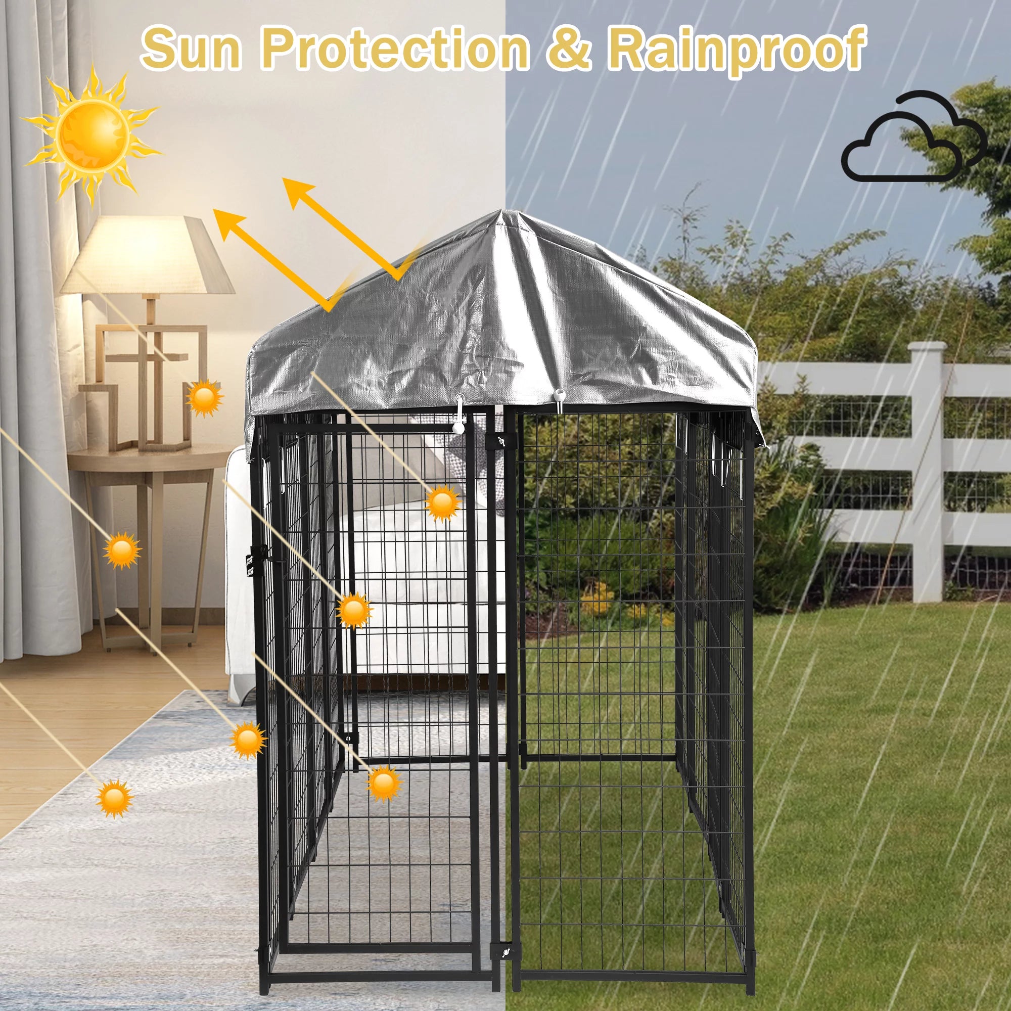 Heavy Duty Outdoor Dog Kennel with Waterproof UV Cover, Large Metal Dog Pen H3740