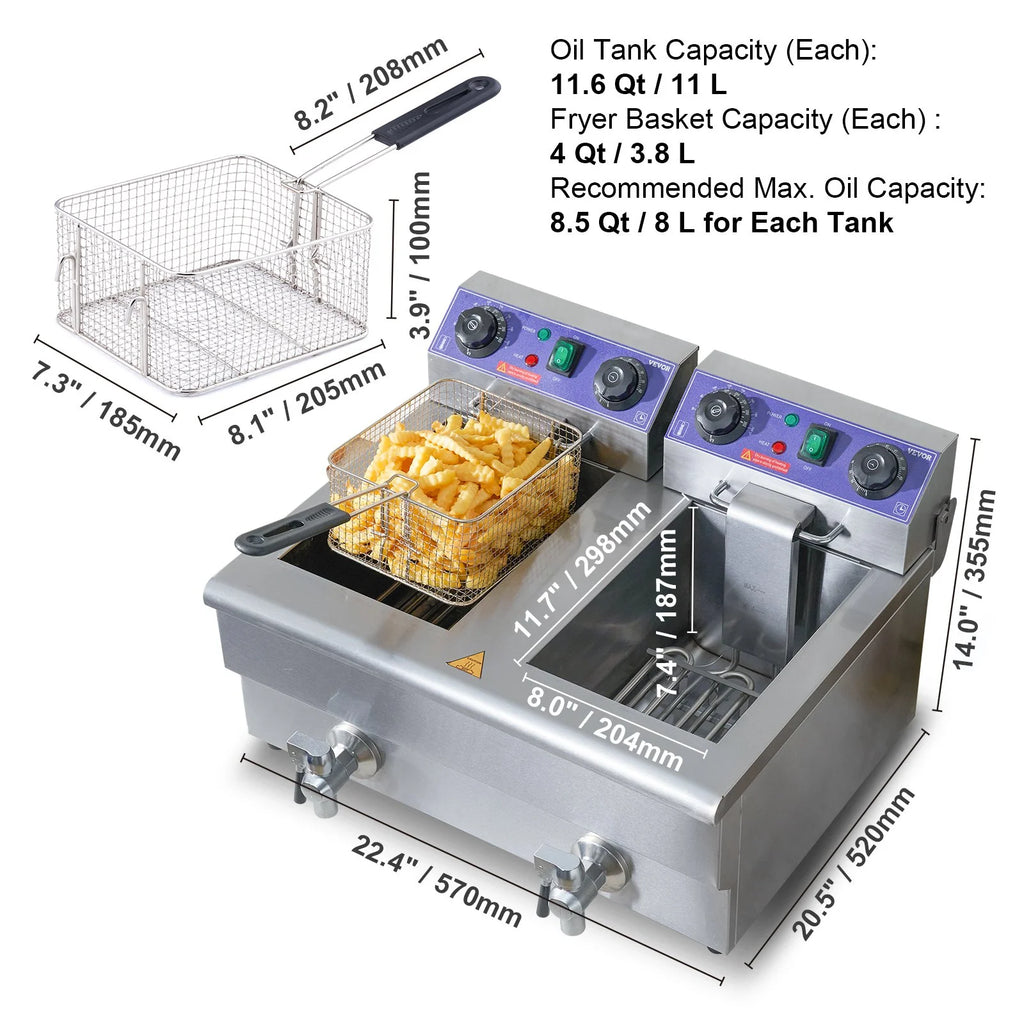 Commercial Electric Deep Fryer, Dual Tanks 3000W Countertop H866