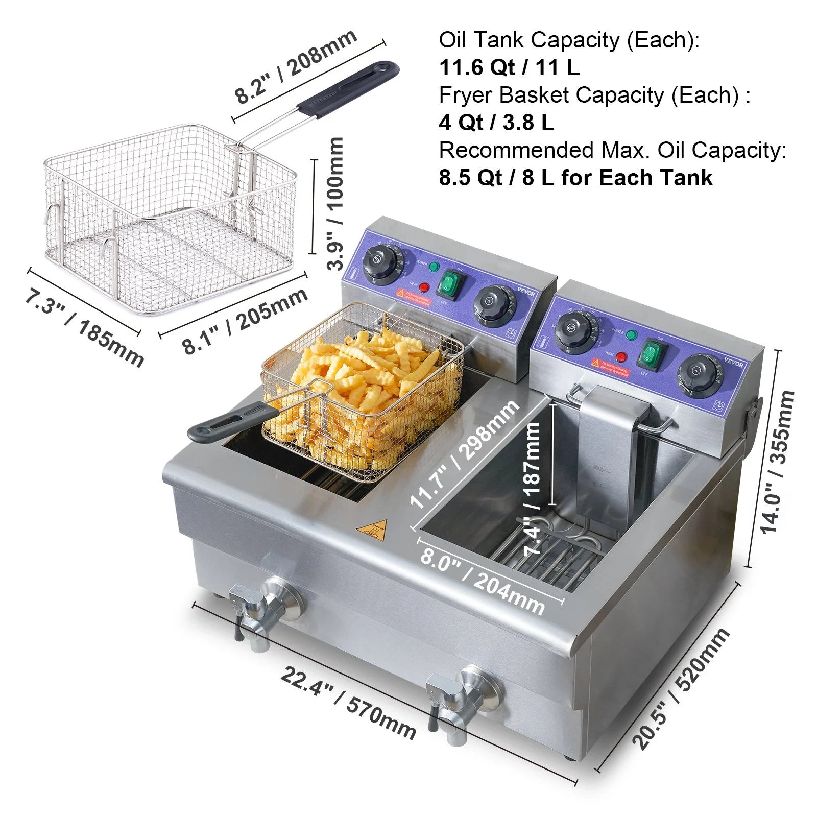 Commercial Electric Deep Fryer, Dual Tanks 3000W Countertop H866