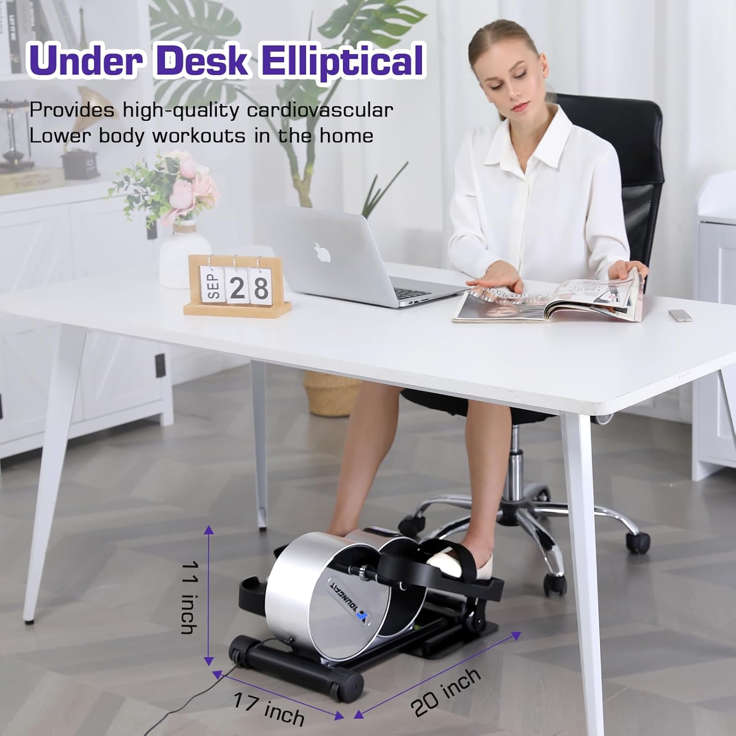 Under Desk Elliptical - Quiet Portable Leg Exerciser with Remote and App Control E129