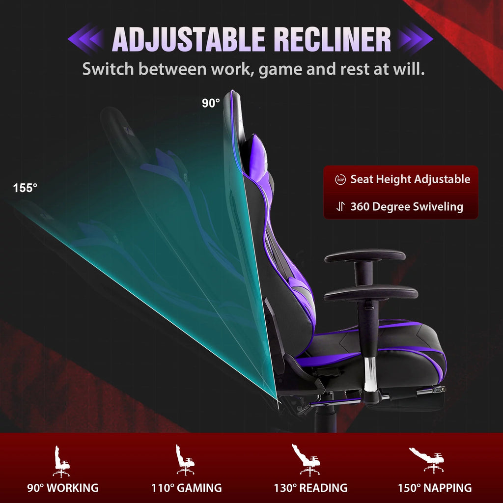 Gaming Chair with Footrest, PU Leather, Adjustable Headrest, Purple K923747