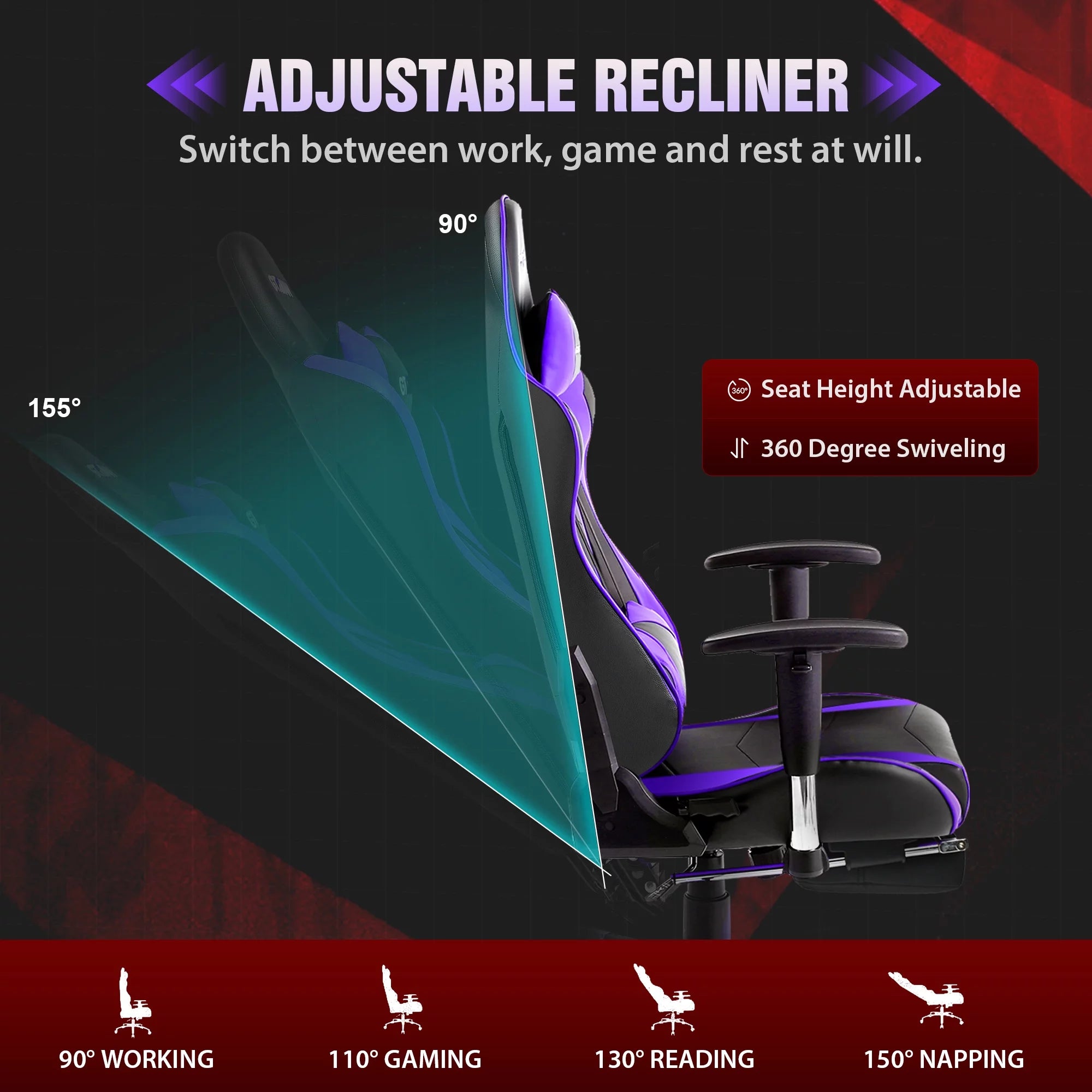 Gaming Chair with Footrest, PU Leather, Adjustable Headrest, Purple K923747