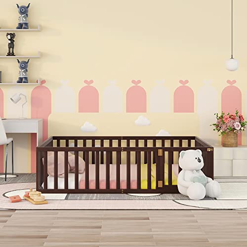 Twin Floor Bed Frame with Safety Fence, Solid Wood J960722